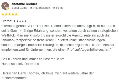 Google Bewertung – Stefanie Riemer, Hundeschulen Dortmund